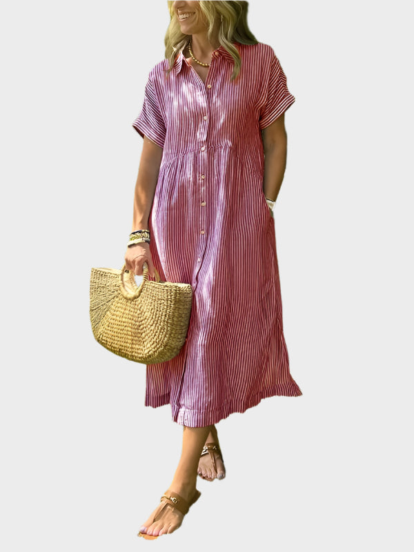 Striped Shirt Dress with Flaps, Buttons, and Functional Pockets