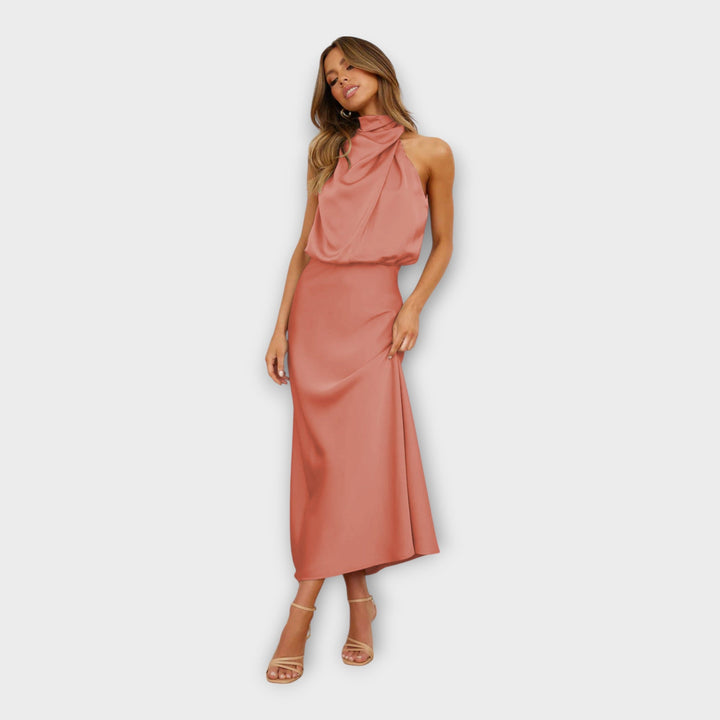 Long Satin Dress with High Neck and Open Back