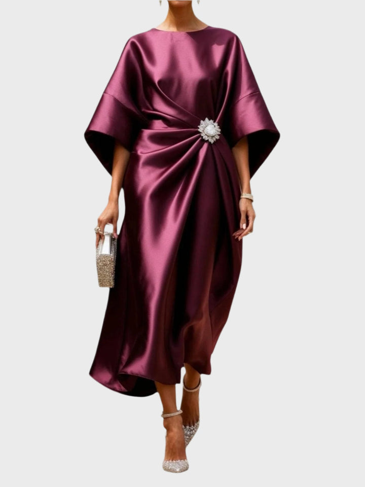 Satin Dress with Side Pleat and Decorative Buckle