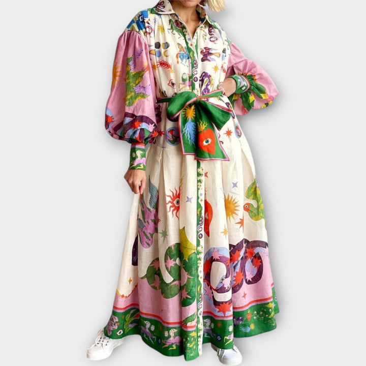 Maxi Dress with Belt & Puff Sleeves