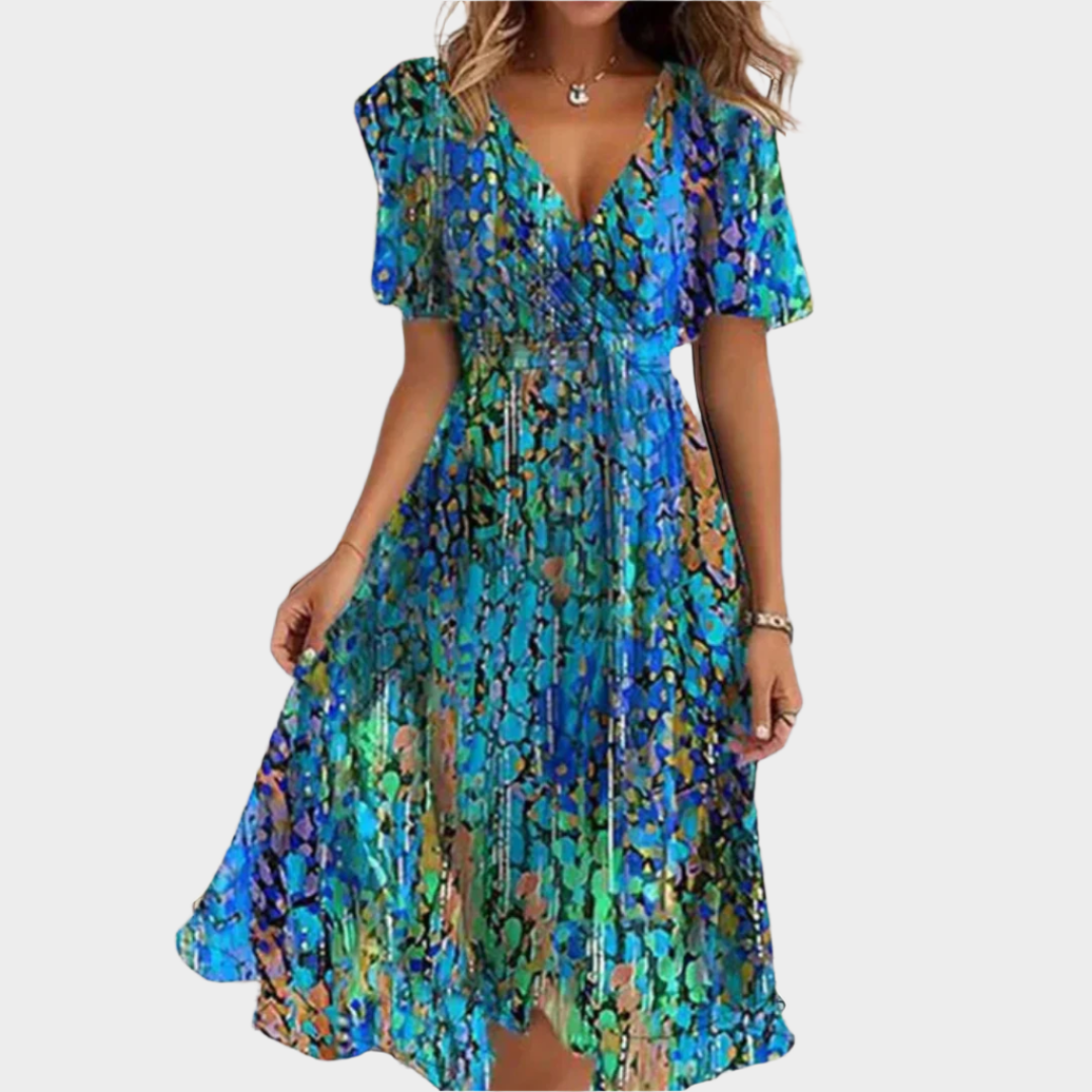 Airy Dress with Floral Design and V-Neck