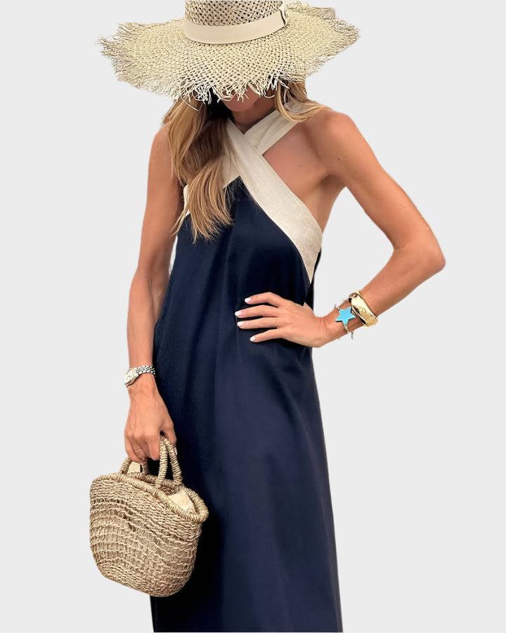 Elegant Dress with Open Back and Modern Cross Neckline