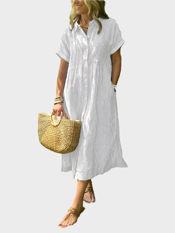 Striped Shirt Dress with Flaps, Buttons, and Functional Pockets
