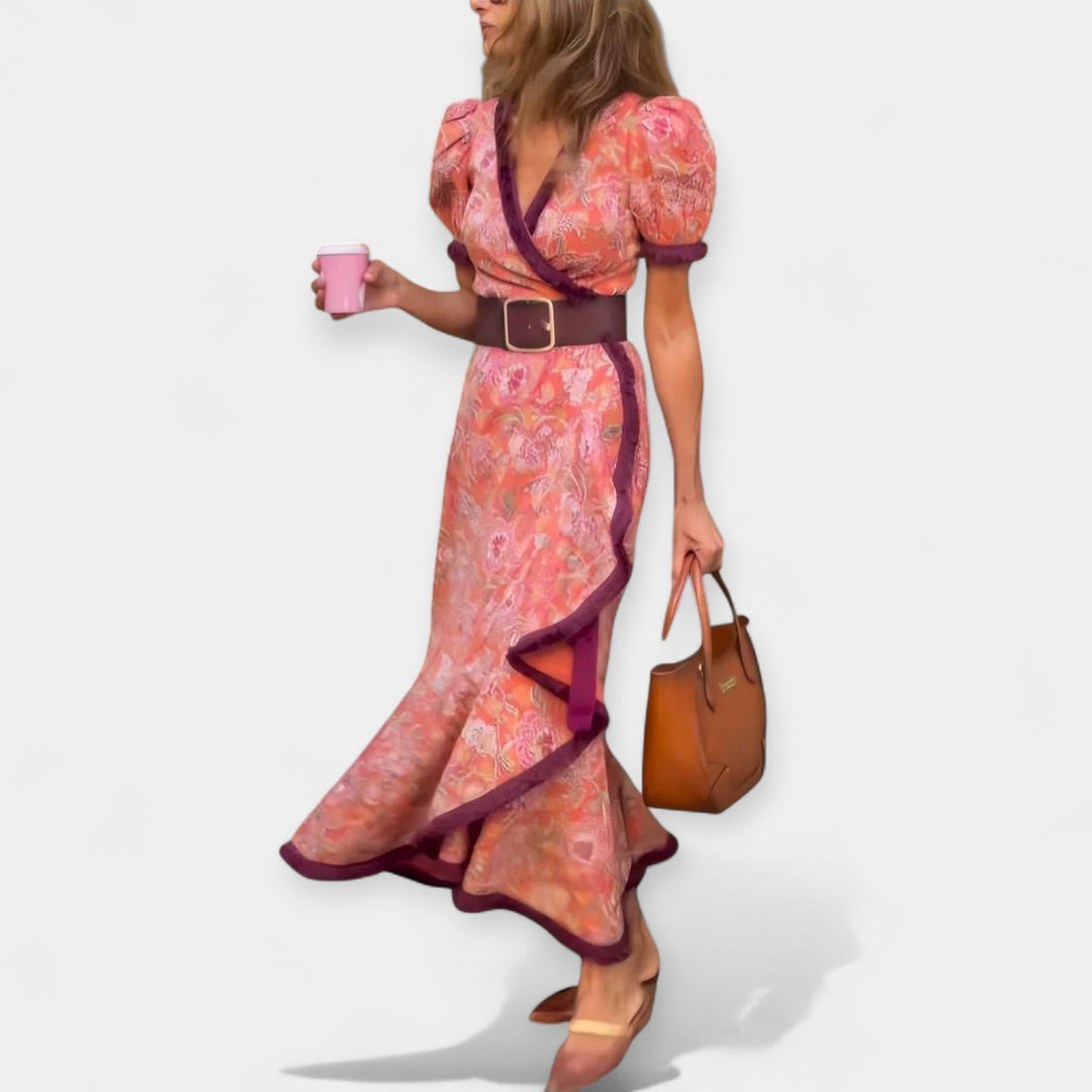 Romantic Dress with Belt and Satin Ruffle