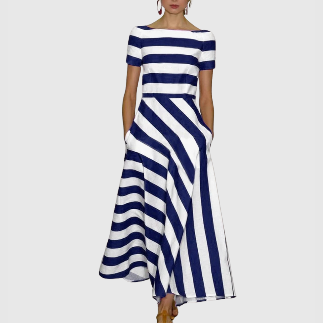 Elegant Long Dress with Stripes and Short Sleeves