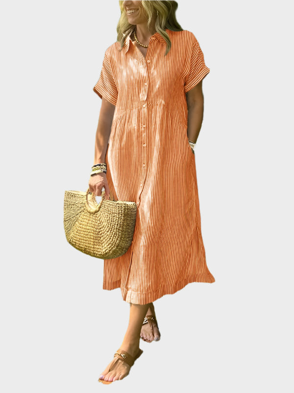 Striped Shirt Dress with Flaps, Buttons, and Functional Pockets