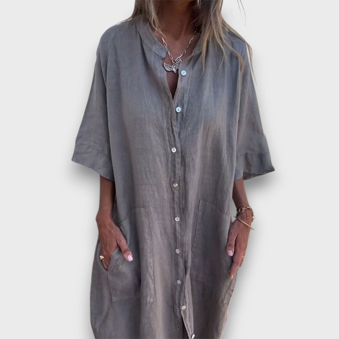 Linen Button-Up Dress with Pockets