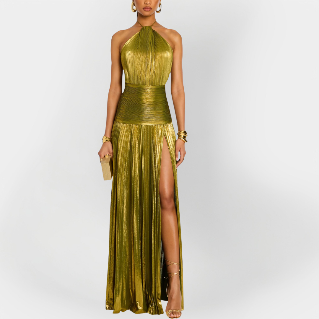 Long Metallic Dress with Neck Tie and Slit