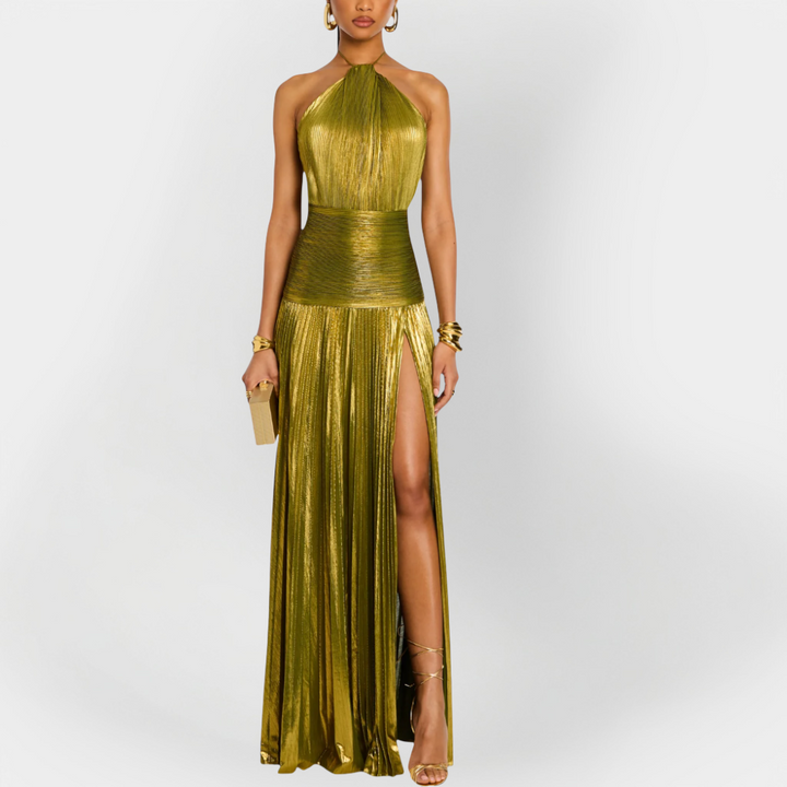 Long Metallic Dress with Neck Tie and Slit