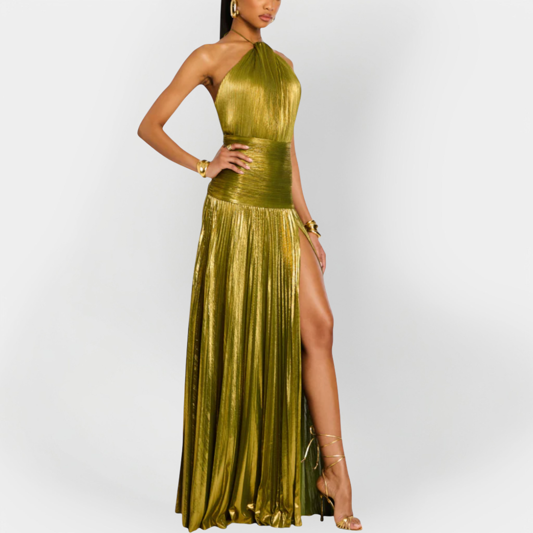 Long Metallic Dress with Neck Tie and Slit