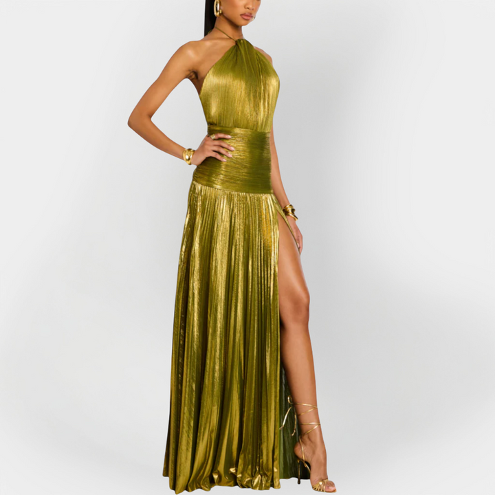 Long Metallic Dress with Neck Tie and Slit
