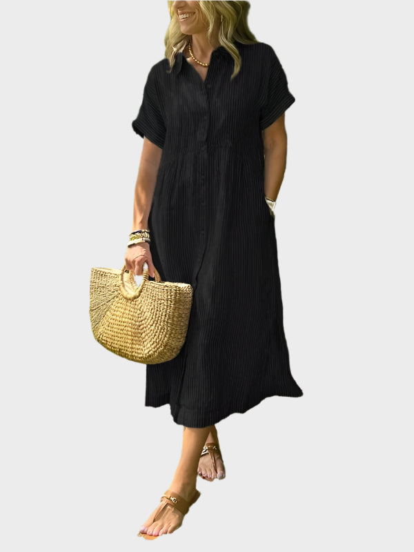 Striped Shirt Dress with Flaps, Buttons, and Functional Pockets