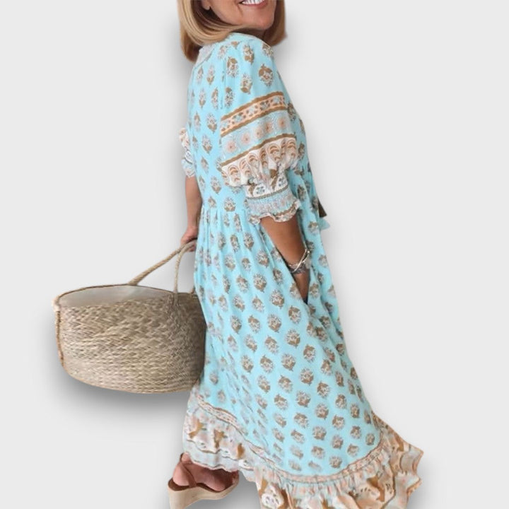Airy Boho Dress with 3/4 Sleeves and Laced Neckline