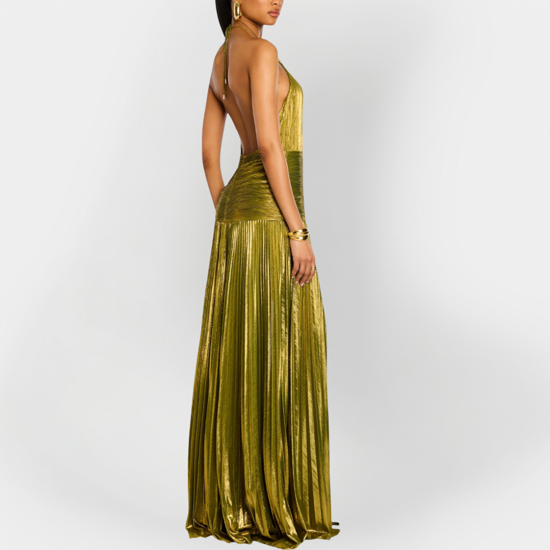 Long Metallic Dress with Neck Tie and Slit