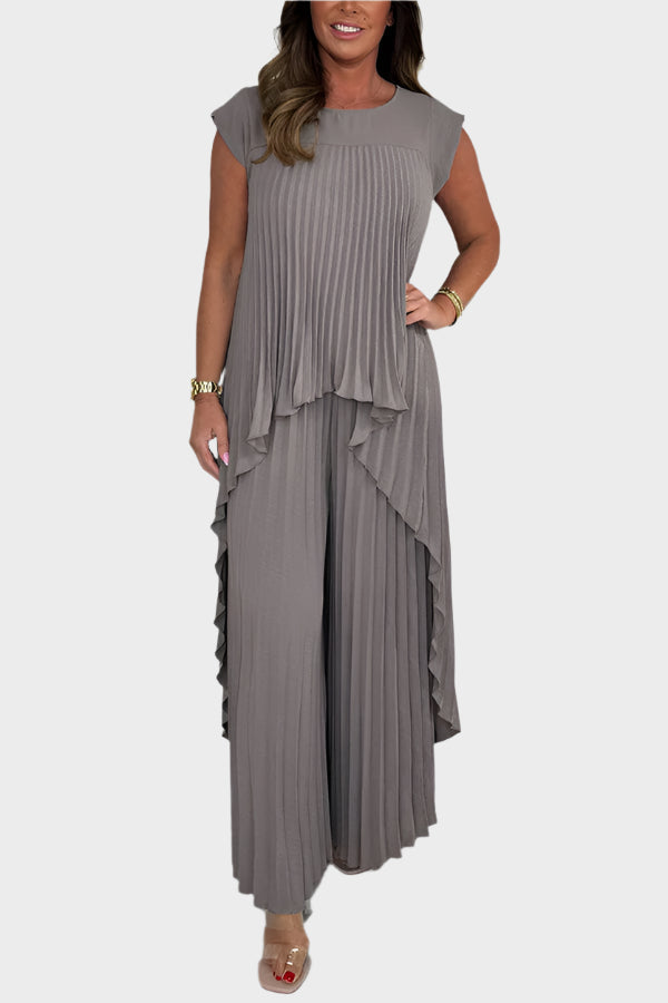 Pleated Top Set with Short Sleeves and Irregular Midi Length, Wide-Leg Pants with Elastic Waist