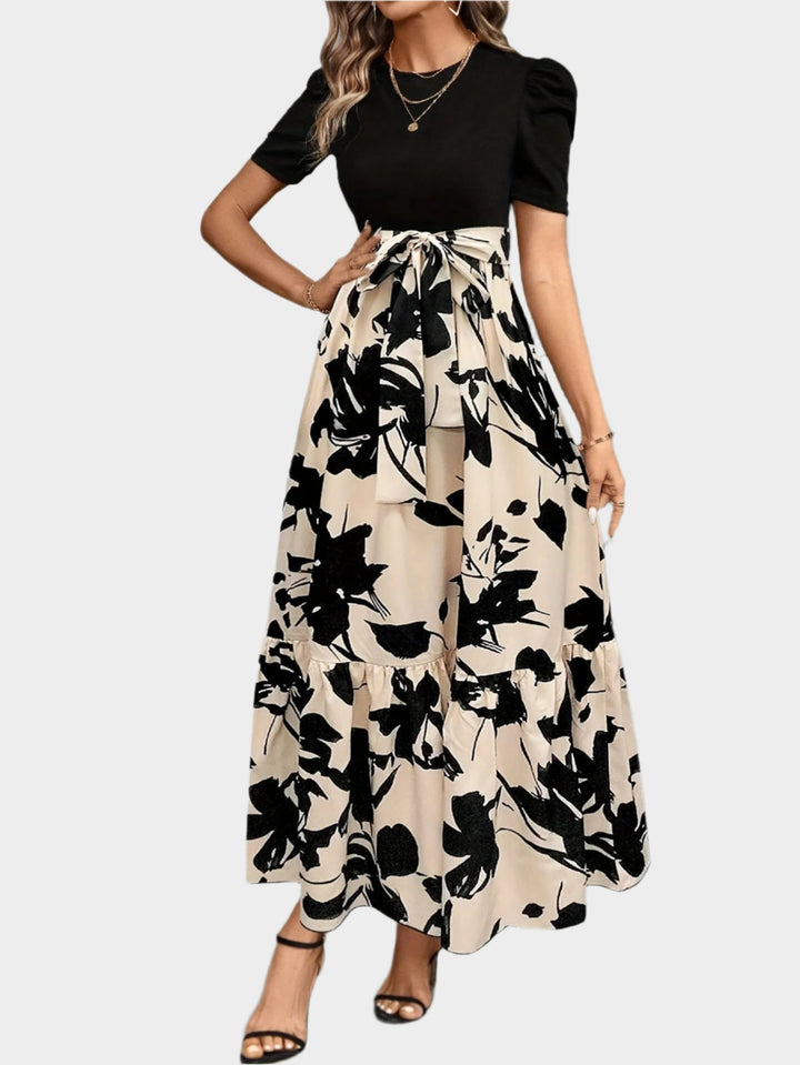 Floral Dress with High Waist and Striped Patterns