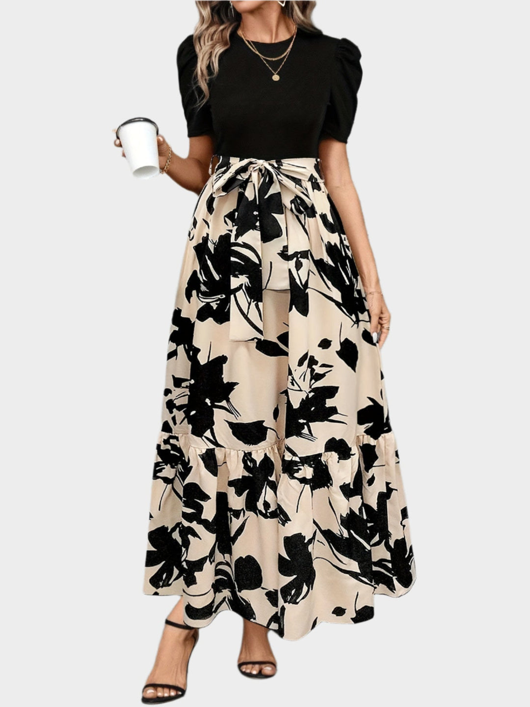 Floral Dress with High Waist and Striped Patterns