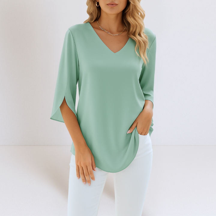 Elegant Blouse with V-Neck and Open Sleeves