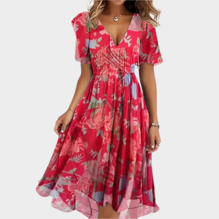 Airy Dress with Floral Design and V-Neck