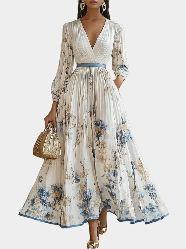 Long Dress with Puff Sleeves and V-Neck