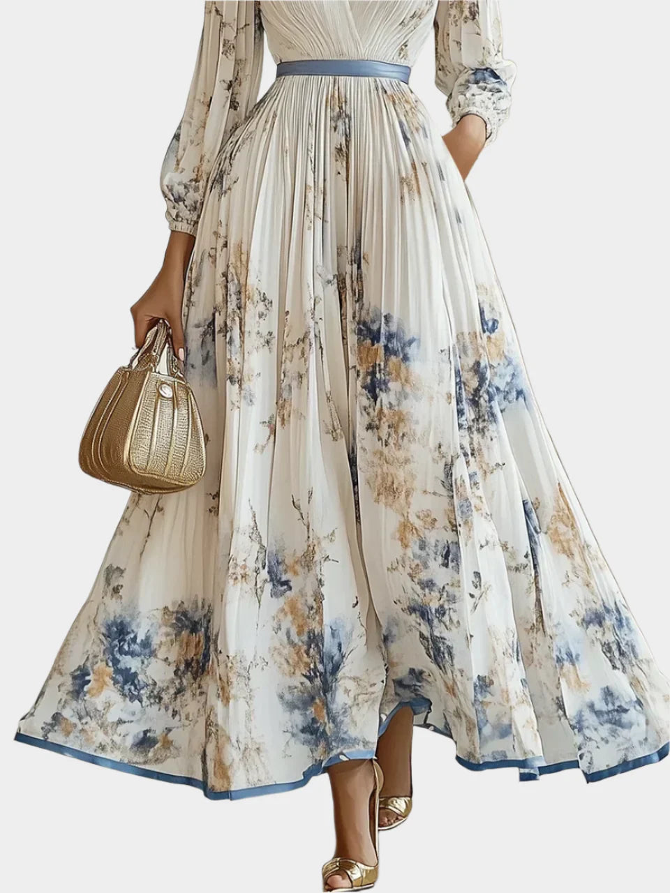 Long Dress with Puff Sleeves and V-Neck