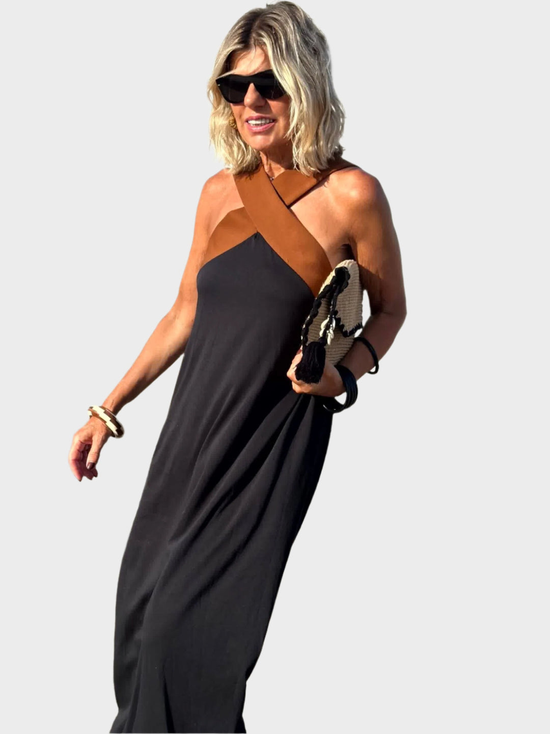 Elegant Dress with Open Back and Modern Cross Neckline