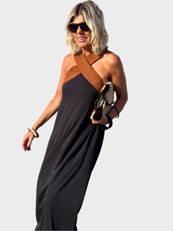 Elegant Dress with Open Back and Modern Cross Neckline