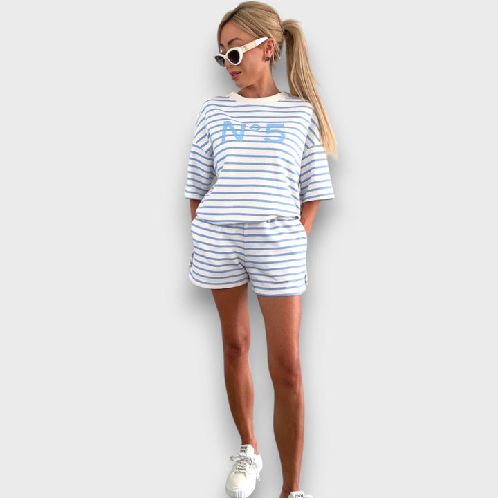 Striped Blouse and Shorts Set with Print