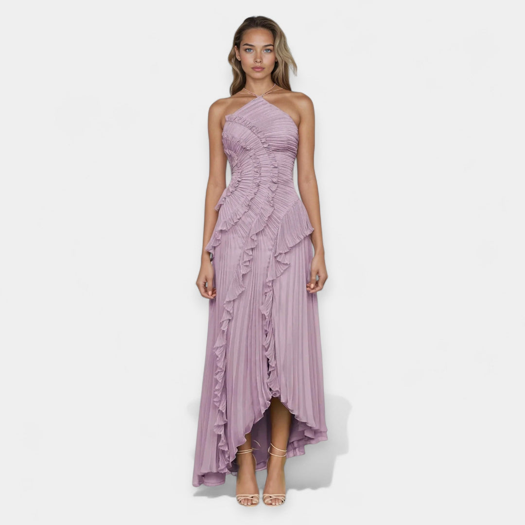 Lilac Midi Dress with Ruffled Adjustments