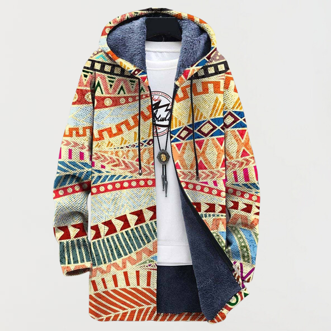 Hooded Jacket with Tribal Pattern Fusion