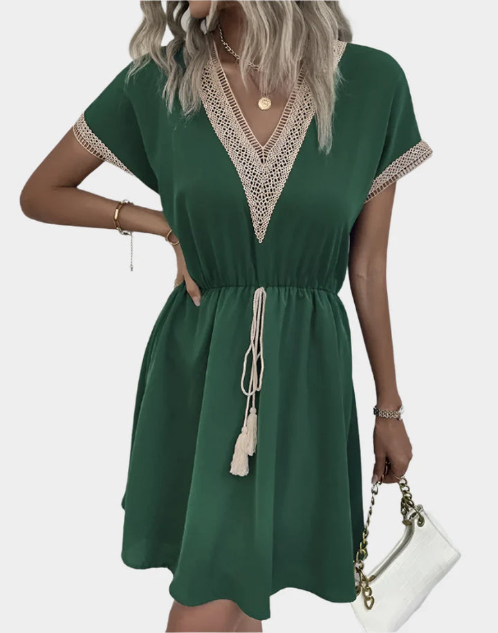 Romantic Boho Dress with Belt and V Neckline
