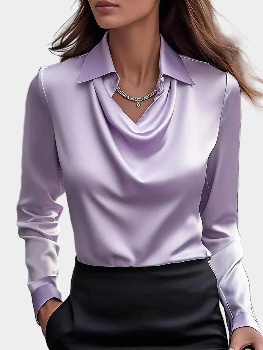 Elegant White Satin Blouse with Draped Neckline