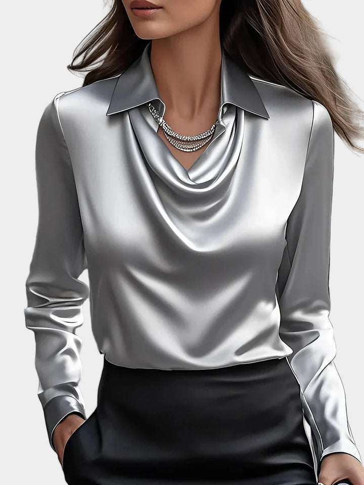 Elegant White Satin Blouse with Draped Neckline