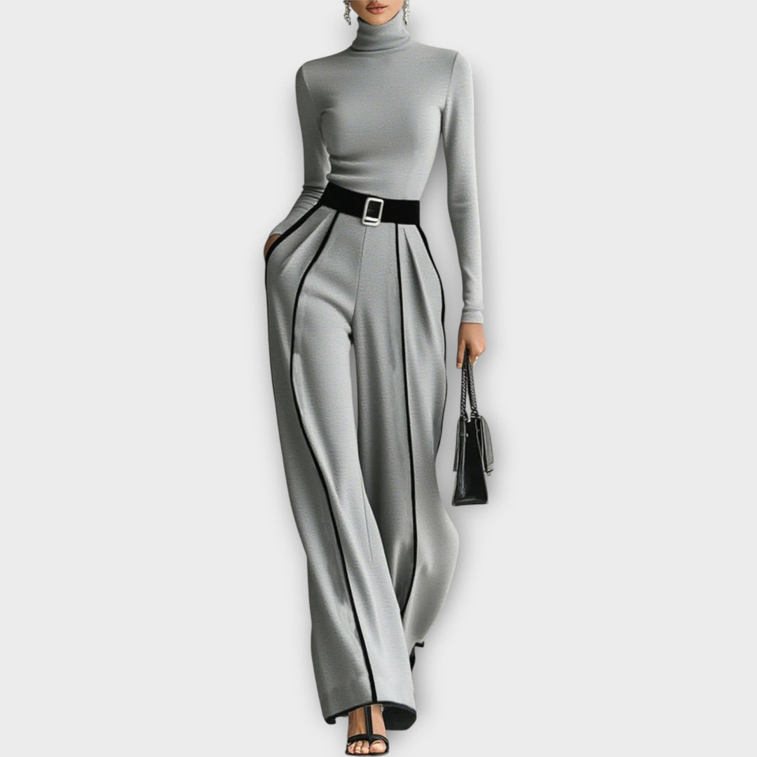 Sophisticated Two-Piece Set with Turtleneck Top and Wide-Leg Pants