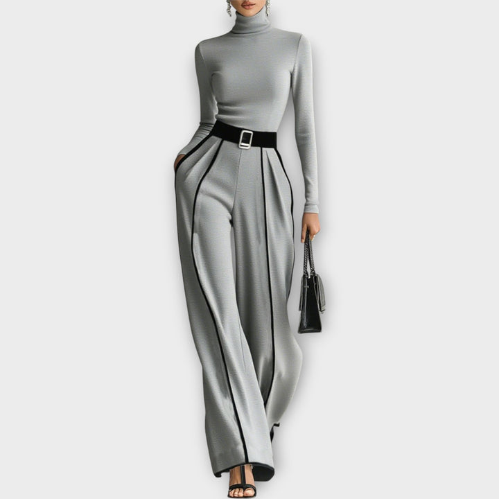 Sophisticated Two-Piece Set with Turtleneck Top and Wide-Leg Pants