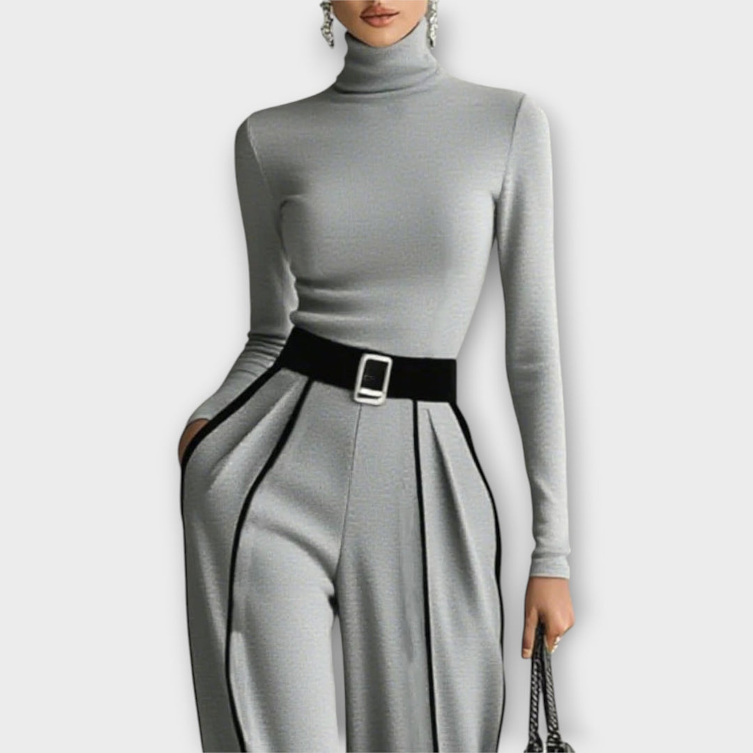 Sophisticated Two-Piece Set with Turtleneck Top and Wide-Leg Pants