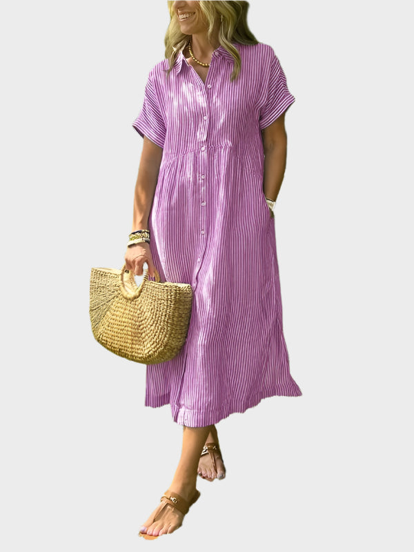Striped Shirt Dress with Flaps, Buttons, and Functional Pockets