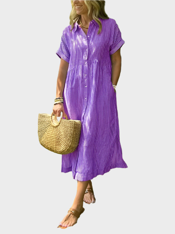 Striped Shirt Dress with Flaps, Buttons, and Functional Pockets