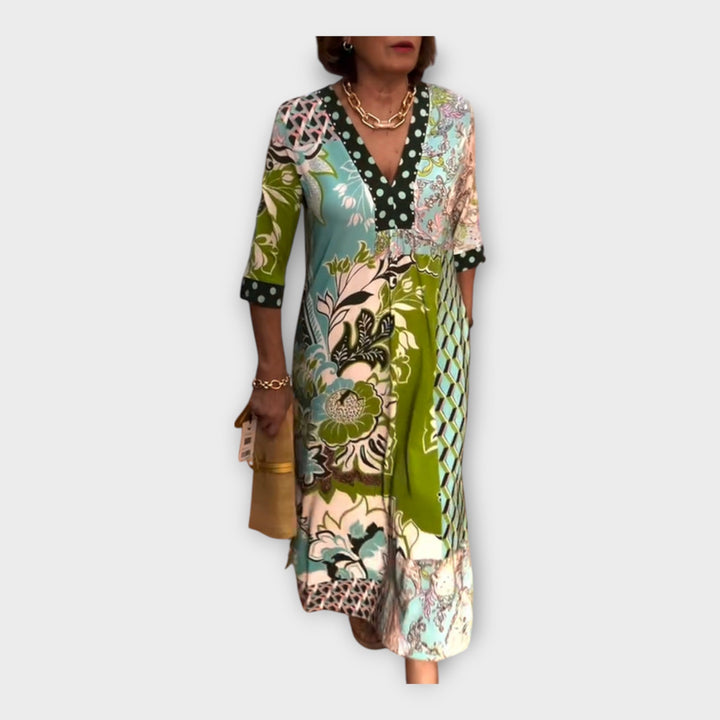 Multicolored Dress with Buttons and 3/4 Sleeves