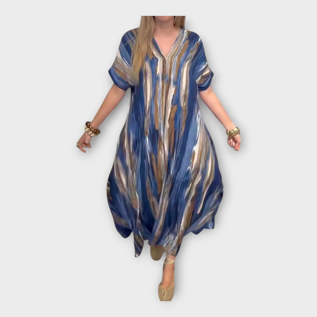 Long Kaftan with V Neckline and Wide Sleeves
