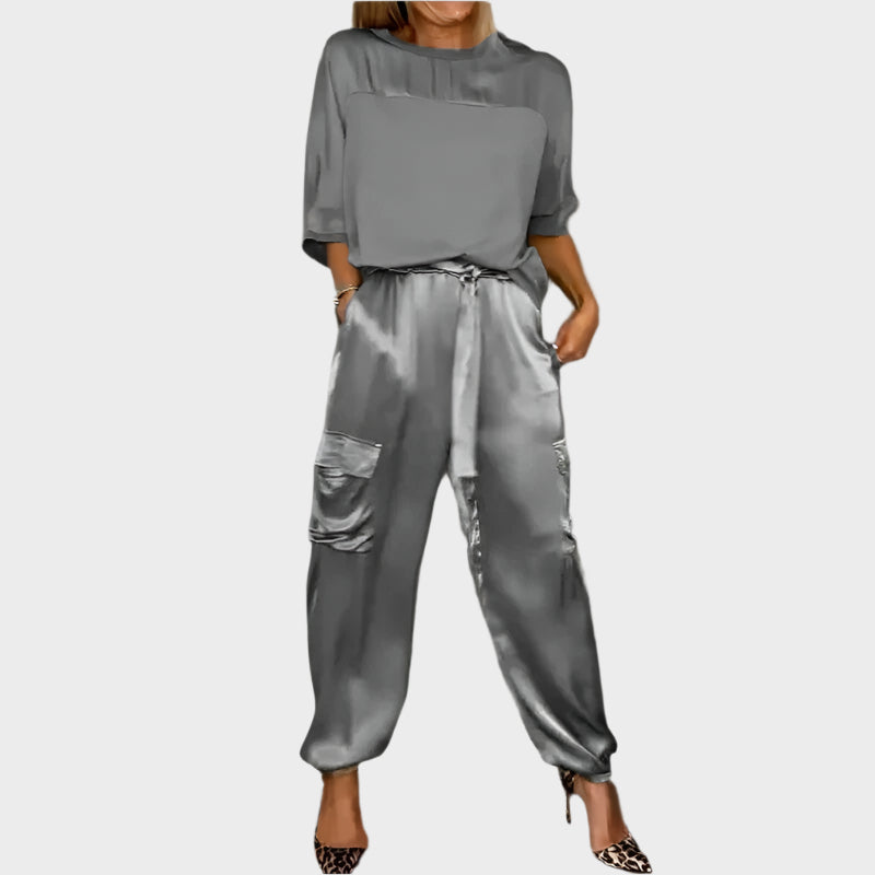 Satin Set with Relaxed Blouse and Cargo Pants