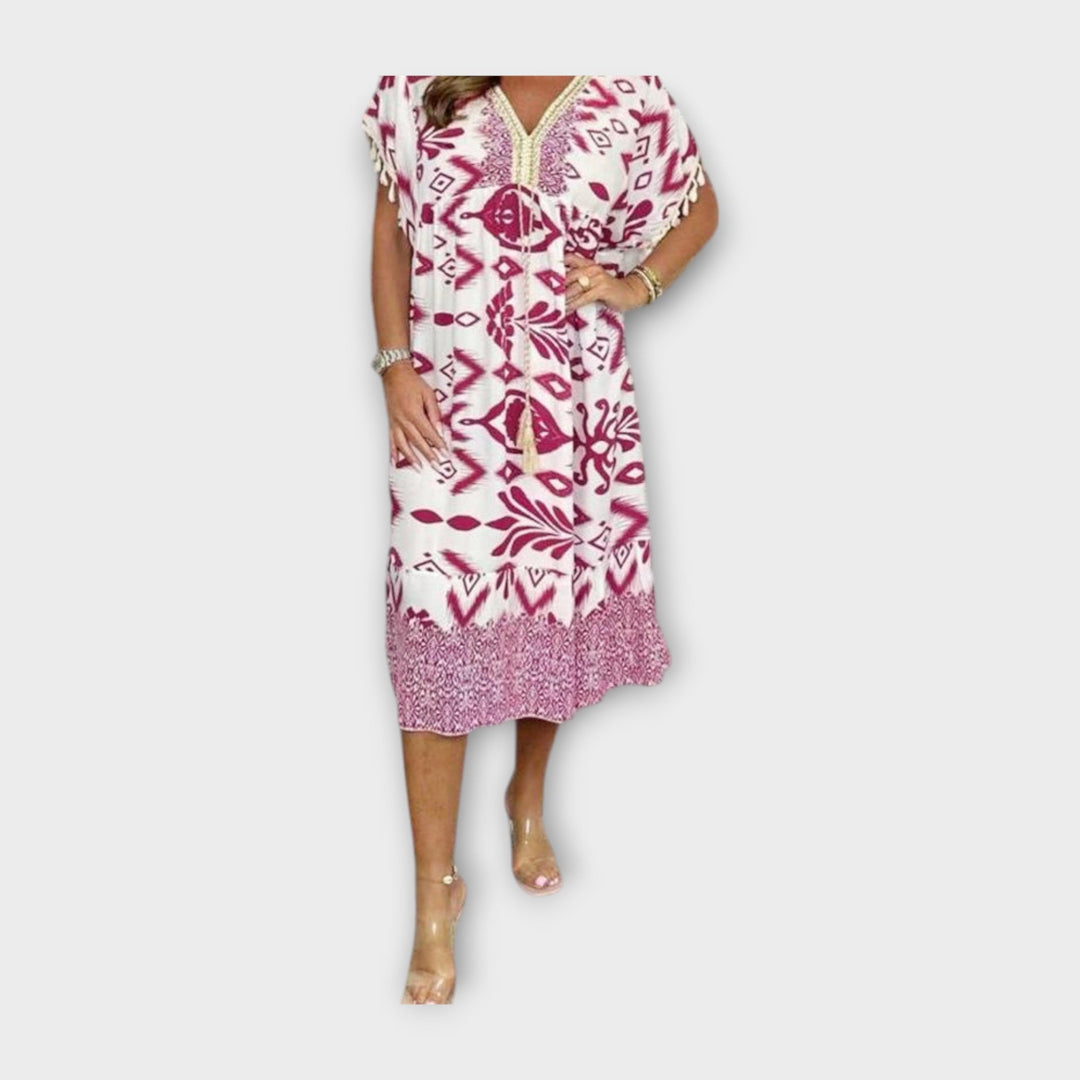 Knee-Length Kaftan with Patterns and Drawstring