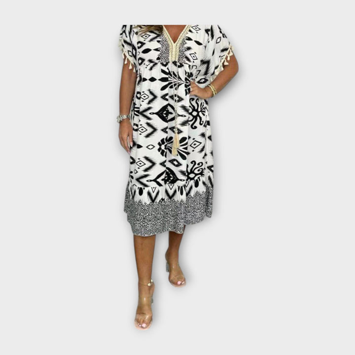 Knee-Length Kaftan with Patterns and Drawstring