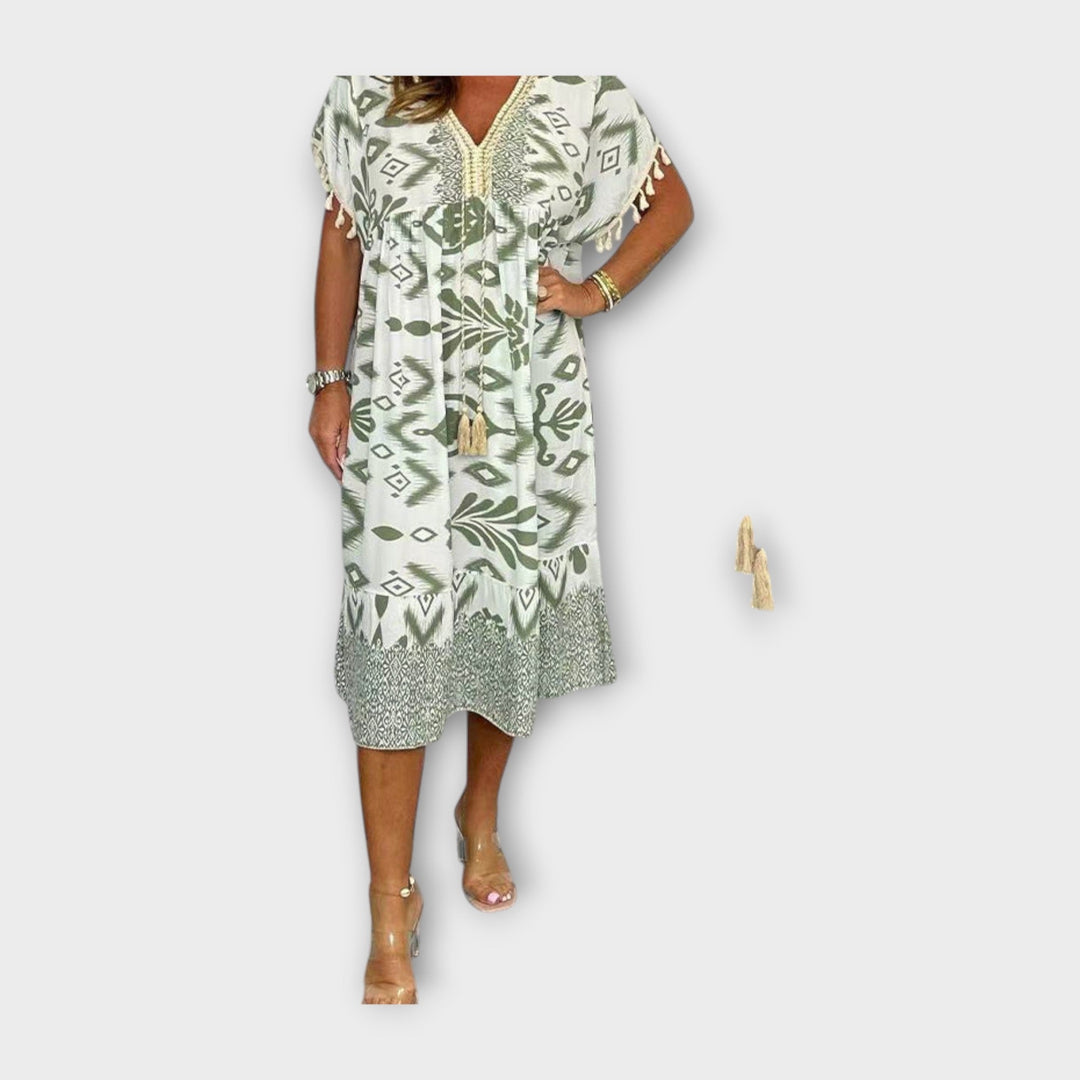 Knee-Length Kaftan with Patterns and Drawstring