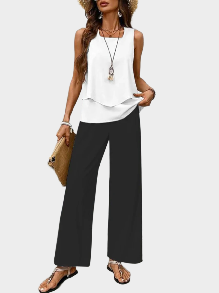Summer Set with Sleeveless Top and Leaf Print Pants