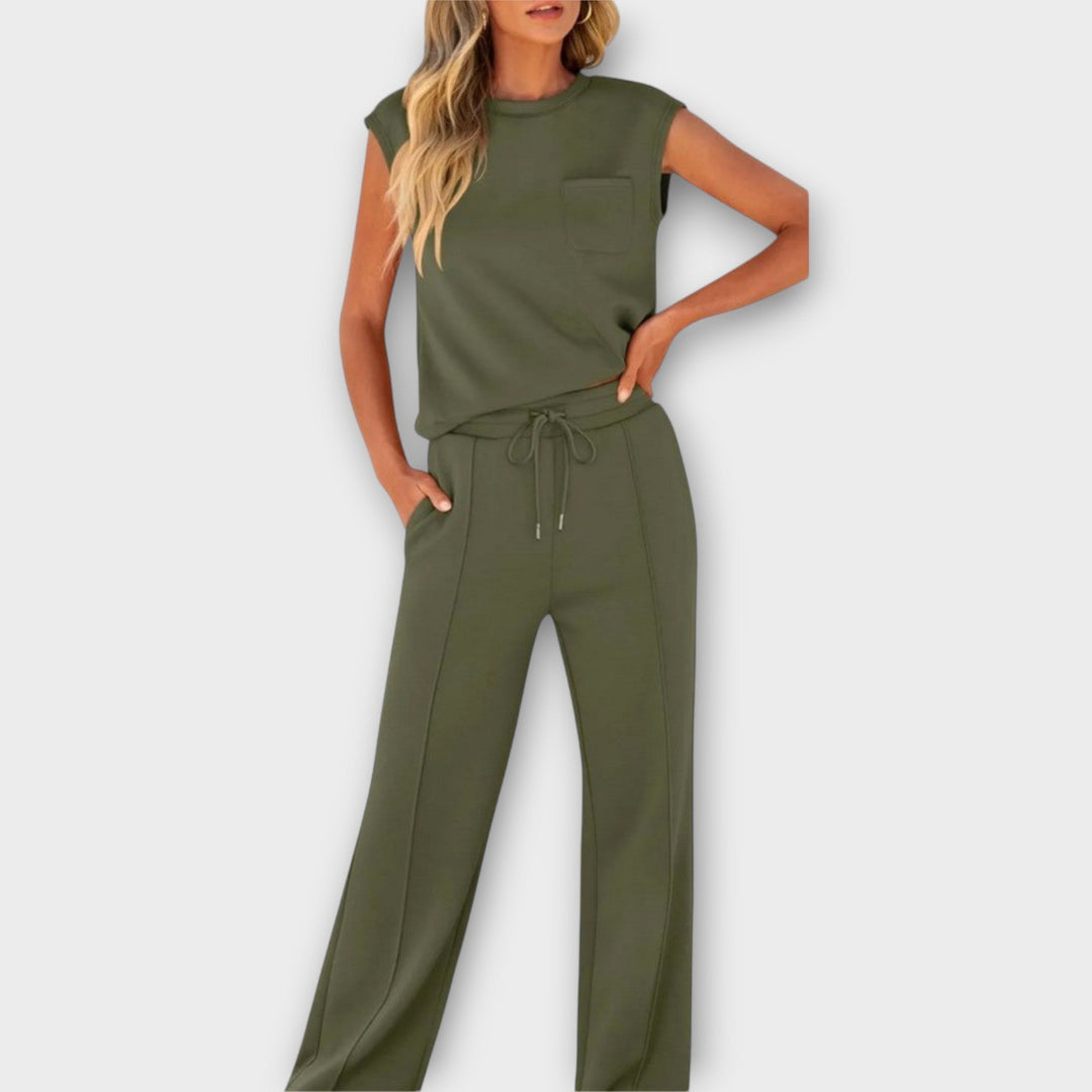 Sleeveless Blouse and Pants Set with Drawstring