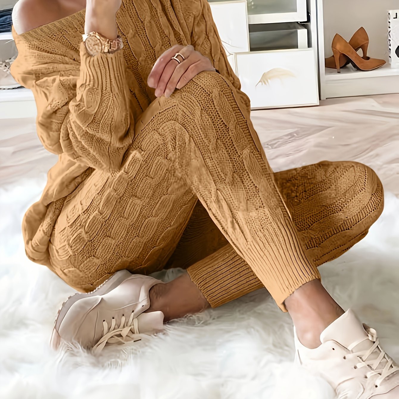 Cable Knit Leggings - Camel