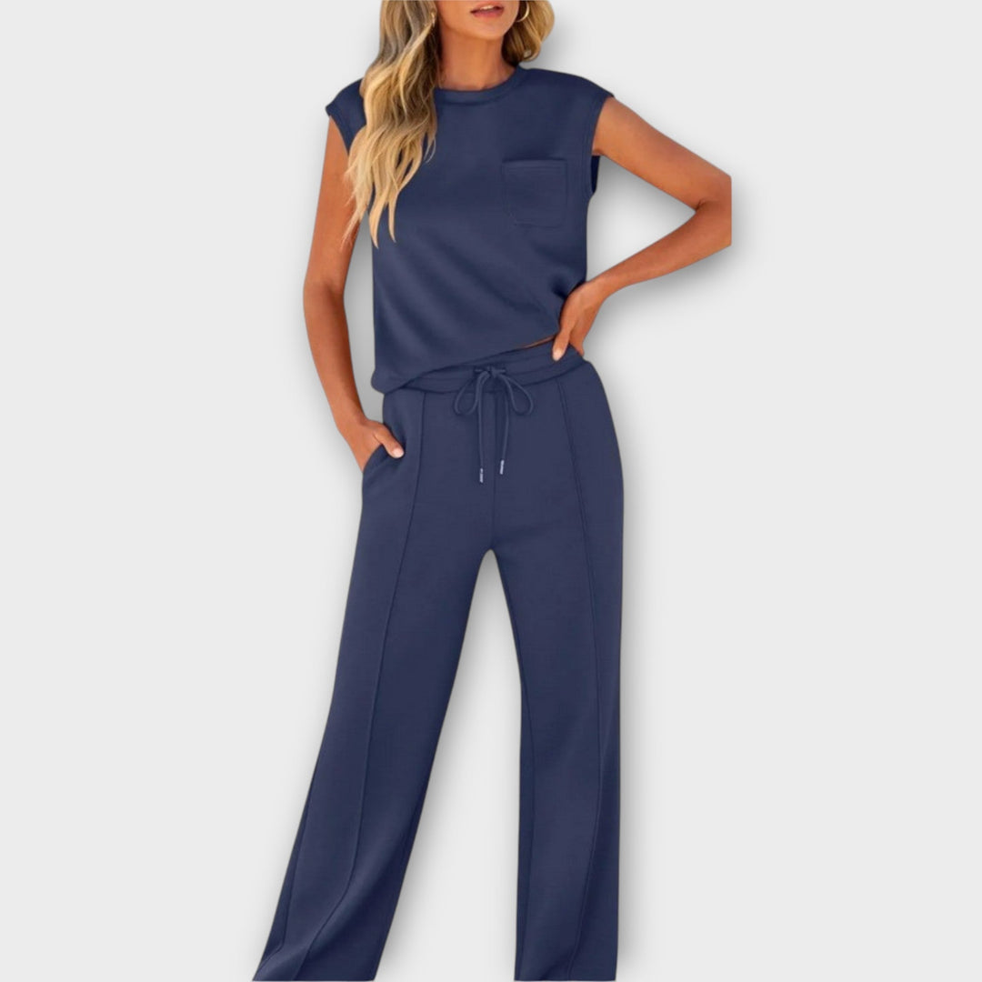 Sleeveless Blouse and Pants Set with Drawstring