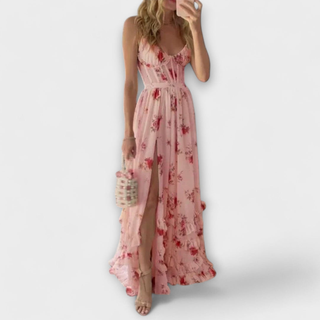 Maxi Dress with Flower Pattern and Slit